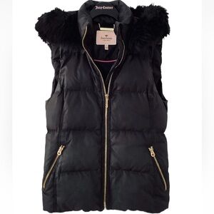 JUICY COUTURE $218 Lexie DOWN PUFFER VEST Faux Fur Trim Removable HOOD BLACK S